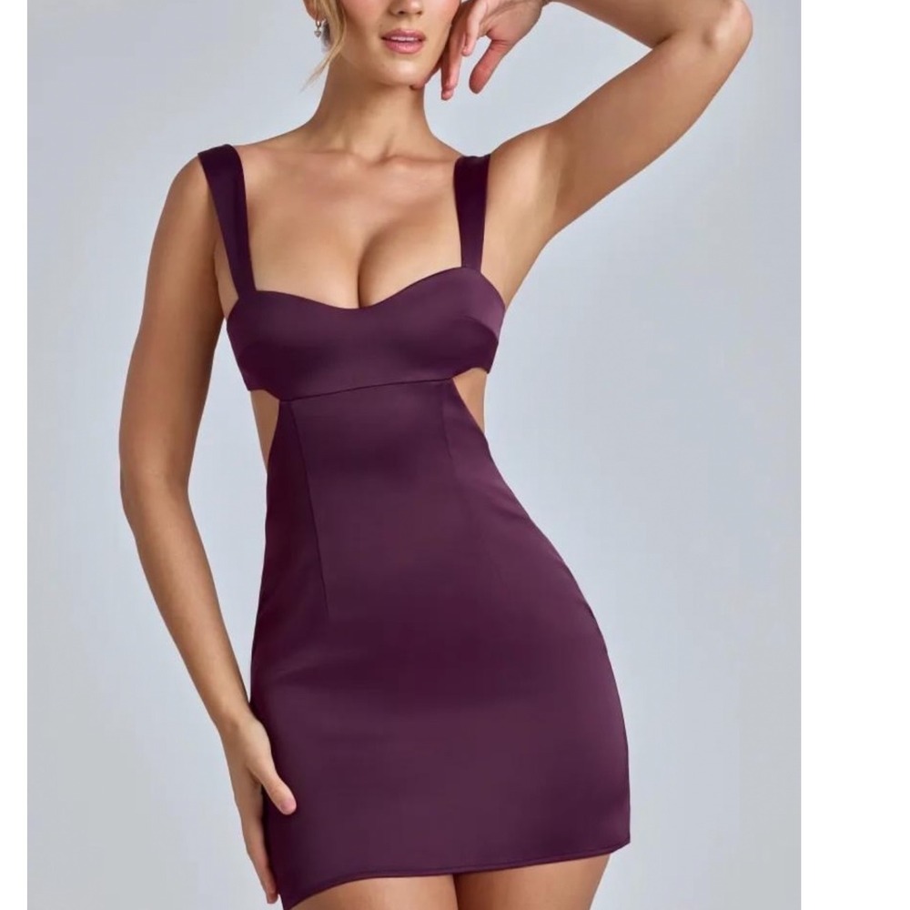 Oh Polly Plum Purple Satin Side Cut Out Open Back Mini Dress Size 0